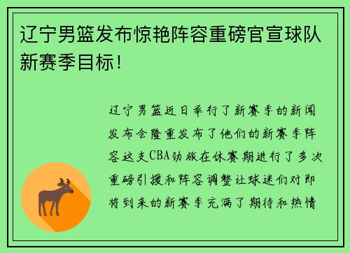 辽宁男篮发布惊艳阵容重磅官宣球队新赛季目标！