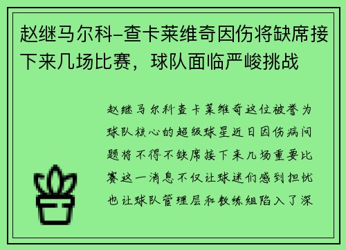 赵继马尔科-查卡莱维奇因伤将缺席接下来几场比赛，球队面临严峻挑战