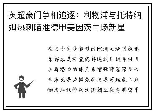 英超豪门争相追逐：利物浦与托特纳姆热刺瞄准德甲美因茨中场新星