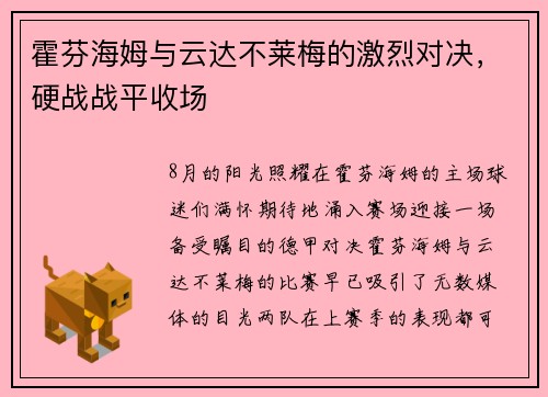 霍芬海姆与云达不莱梅的激烈对决，硬战战平收场